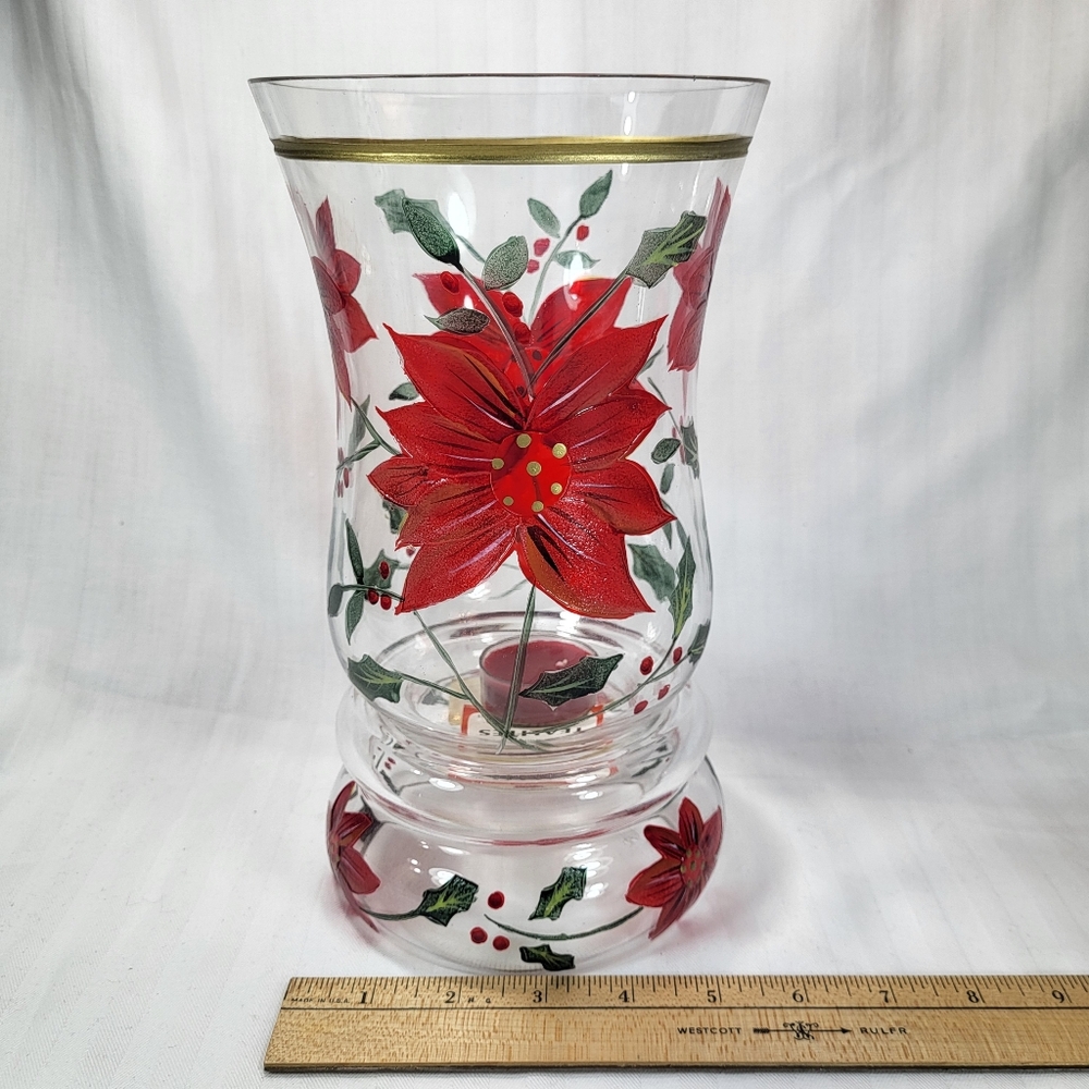 Celebrations Poinsettia Hurricane Candle Holder Glass 10" Christmas 2pc with Box - Picture 4 of 16